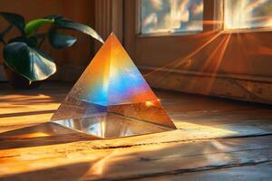 A stunning glass pyramid reflecting rainbow colors, resting on warm wooden floors with sunlight streaming in. photo