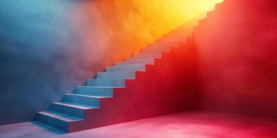A striking blue staircase ascends against a vibrant gradient backdrop, creating a dreamlike atmosphere. photo