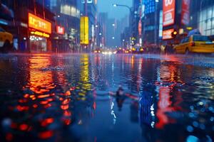 Vibrant city lights reflect in puddles on a rainy evening, creating a colorful urban atmosphere. photo