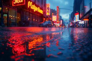 A vibrant street scene at dusk, featuring colorful neon lights reflecting on wet pavement, creating a captivating urban atmosphere. photo