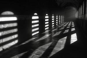 A dramatic monochrome view of a long, shadow-filled corridor with arching windows casting light patterns. photo