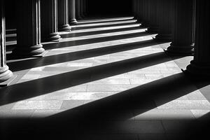 Dramatic shadows cast by classical columns in a serene indoor space. photo
