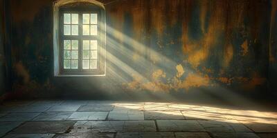 Golden rays of sunlight streaming through a dusty window in a worn, abandoned room, creating a serene and nostalgic atmosphere. photo