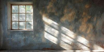 Soft shadows play across the textured wall, illuminated by warm sunlight streaming through the window. photo