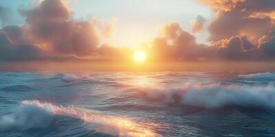 A stunning sunset over a tranquil ocean, showcasing vibrant colors and soft waves. photo