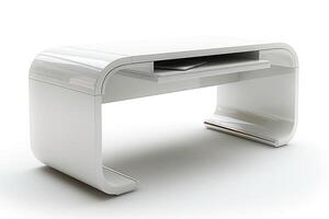 A sleek, modern white desk featuring smooth curves and a minimalist design, perfect for contemporary workspaces. photo