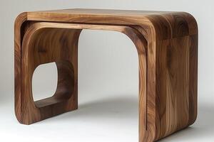 A sleek, modern wooden desk showcasing unique curves and natural grain patterns, adding elegance to any workspace. photo