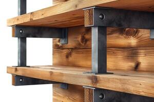 Rustic wooden shelving with industrial metal supports, showcasing a blend of natural and modern design elements. photo