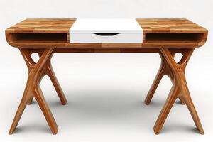Elegant wooden desk featuring a unique design with minimalist white drawer, perfect for modern workspaces. photo
