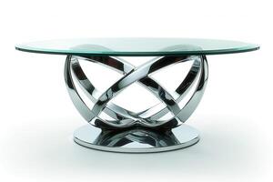 Elegant modern glass dining table with a unique chrome base, showcasing a stylish design perfect for contemporary interiors. photo