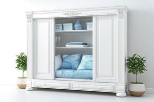 Elegant white furniture featuring a cozy nook, adorned with blue cushions and decorative elements, enhancing a modern interior. photo