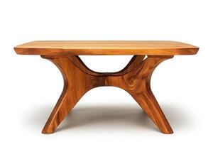 Artistic wooden coffee table with a sleek design, showcasing natural grain patterns and smooth curves. photo