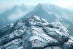 Close-up of rugged rocks with a stunning mountain range in the background, showcasing nature's beauty and texture. photo
