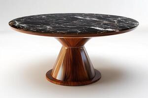 Elegant round table featuring a striking black marble top with intricate white veining, supported by a sleek wooden base. photo