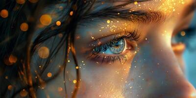 Close-up of a young girl's captivating blue eye, adorned with sparkling golden light, evoking wonder and magic. photo