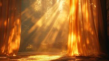 Golden sunlight streams through sheer curtains in a serene forest setting. photo