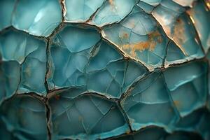 A close-up view of a textured surface with cracked turquoise glass, showcasing intricate patterns and hints of golden accents. photo