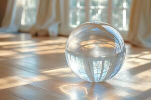 A clear glass sphere on a wooden floor, reflecting soft sunlight and window patterns, creating a serene and calming mood. photo