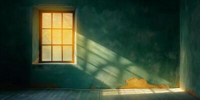 A serene, weathered room with sunlight streaming through an old wooden window, casting soft shadows on a textured green wall. photo
