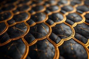 A close-up of intricately designed leather featuring golden accents on a dark background, showcasing luxury and craftsmanship. photo
