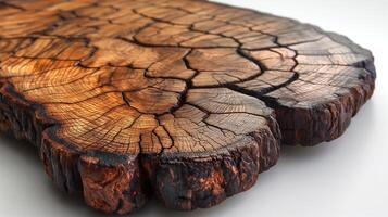 Close-up of a textured wooden surface showcasing intricate grain patterns and rich tones. photo