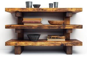 Rustic wooden bookshelf with various plates, bowls, and books arranged in a cozy, warm aesthetic. photo