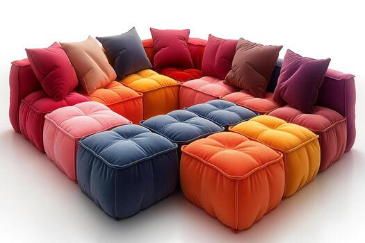 A vibrant, modern sofa with colorful, plush cushions arranged in an inviting configuration. photo