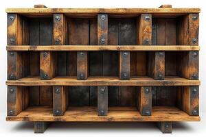Rustic wooden shelving unit with metal accents, perfect for displaying decor or organizing items. photo