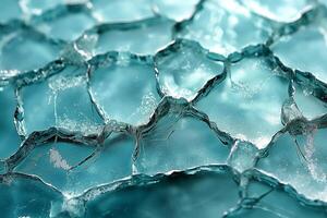 Intricate close-up of frosty ice formations, showcasing delicate patterns and shimmering blue hues. photo