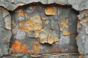 Textured close-up of peeling paint in shades of gray and orange, creating a rustic and weathered aesthetic. photo