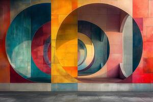 Vibrant geometric circles create a stunning visual effect in a colorful architectural space. photo