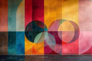 Colorful abstract mural featuring circular patterns and geometric shapes in vibrant hues. photo