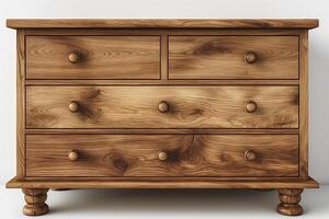 A classic wooden dresser with a natural finish and decorative round knobs, ideal for any bedroom setting. photo