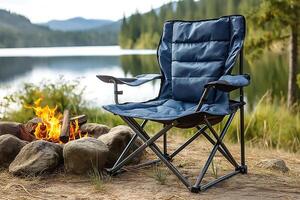 Cozy camping chair by the fireside with a tranquil lake view, evoking relaxation in nature. photo