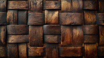 Close-up of a beautifully woven wooden texture showcasing intricate patterns in dark brown hues. photo