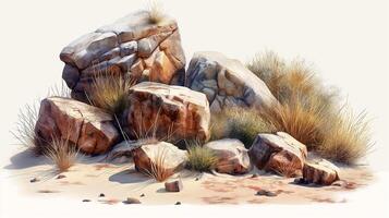 A serene desert scene featuring a cluster of rocks and sparse vegetation, showcasing earthy tones and natural textures. photo