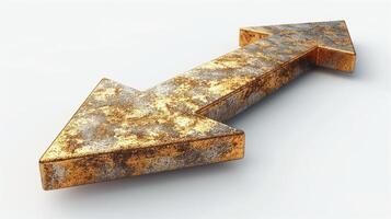 A rustic, tarnished metal arrow pointing to the left, showcasing weathered textures and a gritty aesthetic. photo