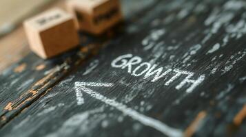A close-up of the word 'GROWTH' written in chalk on a rustic wooden surface, symbolizing progress and development. photo