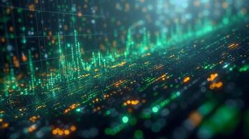 Abstract digital data visualization with green and orange glowing elements, creating a dynamic wave pattern. photo