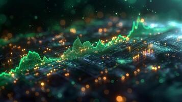 Abstract visualization of a green data graph with glowing accents, representing financial trends and market analysis. photo