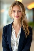 Smiling young Caucasian woman in a blazer, exuding professionalism and confidence in a bright office environment. photo