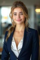 Smiling young woman in a business suit, exuding confidence and professionalism in a modern office setting. photo