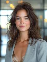 A young woman with long, wavy hair and glowing skin smiles confidently in a modern office setting. photo