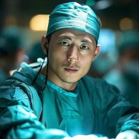 Focused male Asian surgeon in teal scrubs, prepared for a critical operation in a sterile environment. photo