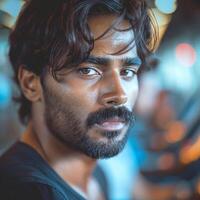 Close-up portrait of a handsome South Asian man with a thick beard, exuding confidence in a vibrant urban setting. photo