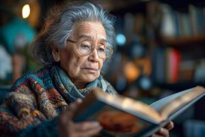 An elderly Asian woman engaged in reading a book with a thoughtful expression, surrounded by warm ambient light. photo