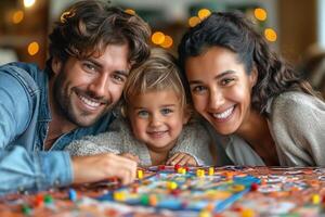 A happy mixed-race family enjoys game night together, showcasing joy and togetherness during quality family time. photo