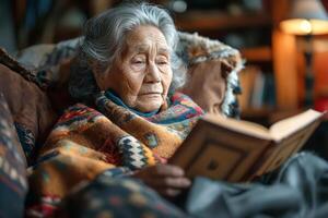 Elderly Asian woman wrapped in a colorful blanket, deeply engrossed in reading a book in a cozy, warm setting. photo
