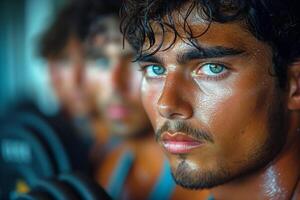 Focused young man with striking blue eyes lifting weights in a gym, surrounded by fellow athletes. photo