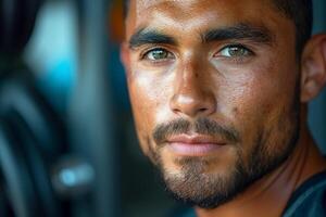 Close-up of a young Hispanic man with striking green eyes and a well-defined beard, exuding confidence and charisma. photo